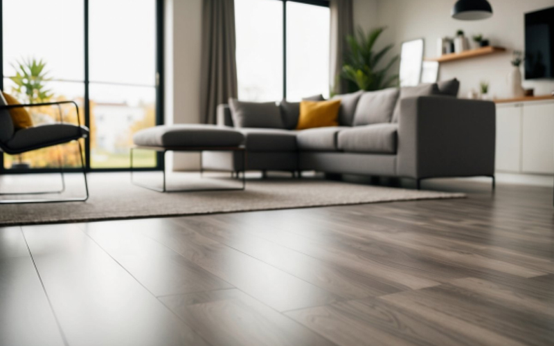 A modern living room with resilient vinyl flooring and contemporary furniture.
