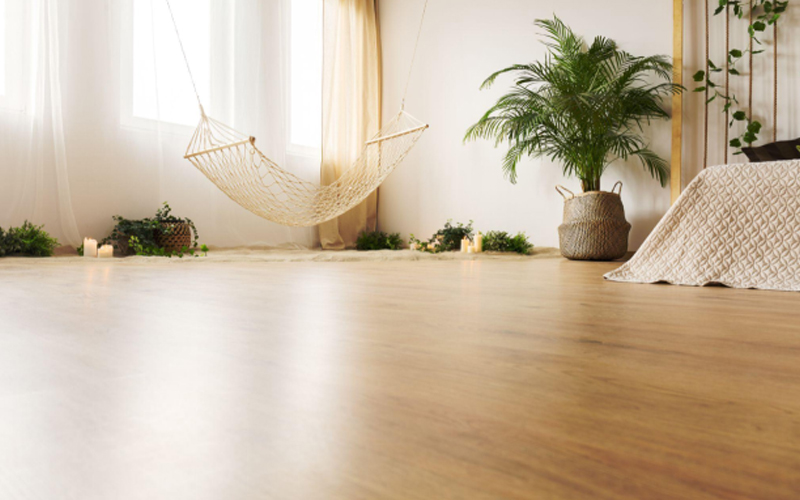 Simple bright interior with wood vinyl flooring and woven hammock by window.