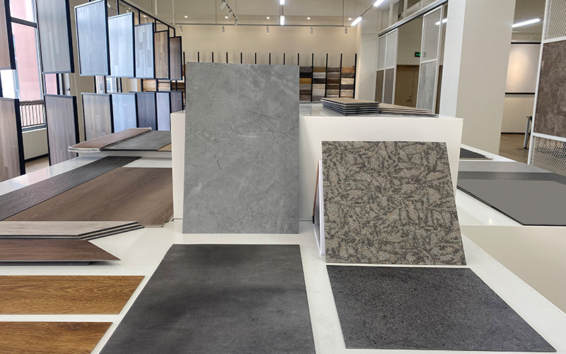Luxury vinyl plank and tile samples showcased for interior design inspiration.