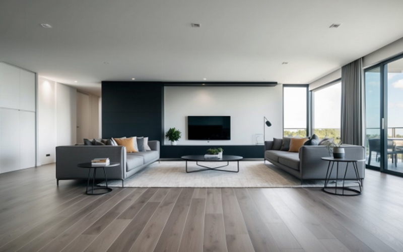 Minimalist and elegant modern home design, with textured wood-grain LVT flooring.