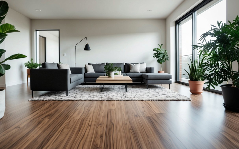 Modern living room with dark wood flooring