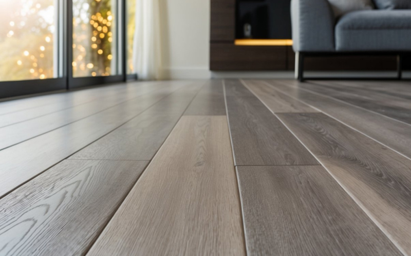 Close-up of modern wood flooring in a living room with a gray sofa and large windows.