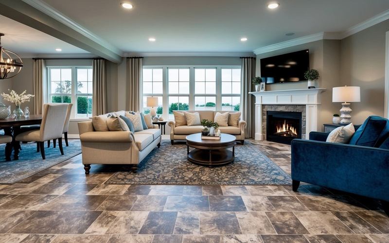 Elegant open-concept living room with stone-look LVT flooring.