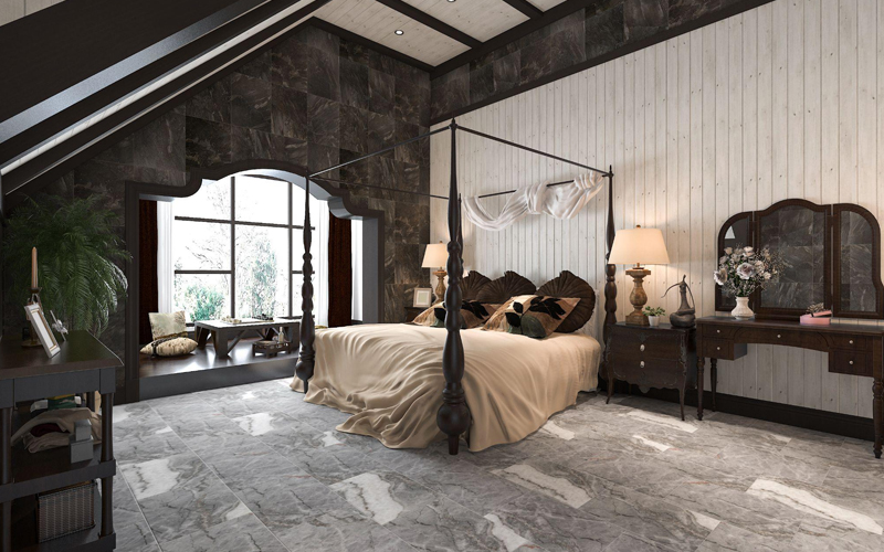Luxurious modern hotel bedroom with elegant stone-look LVT flooring