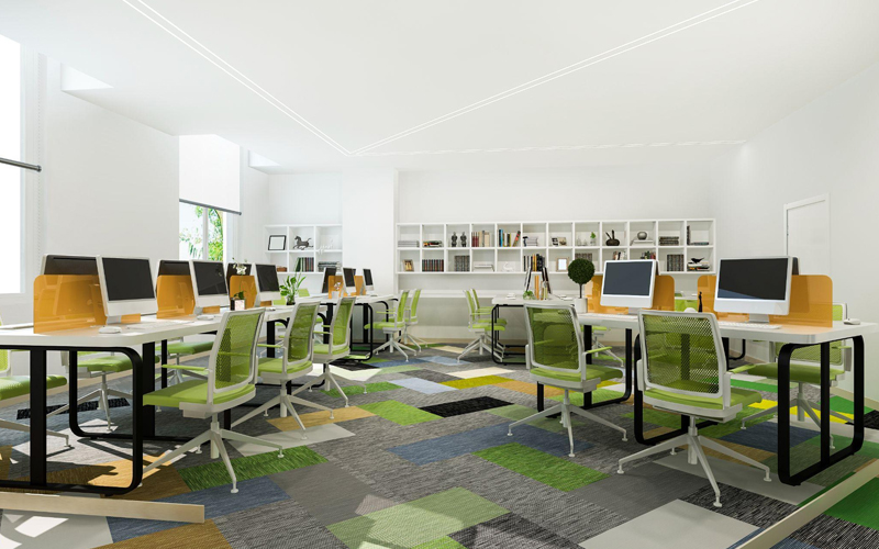 Business meeting and working room in an office building with patterned flooring