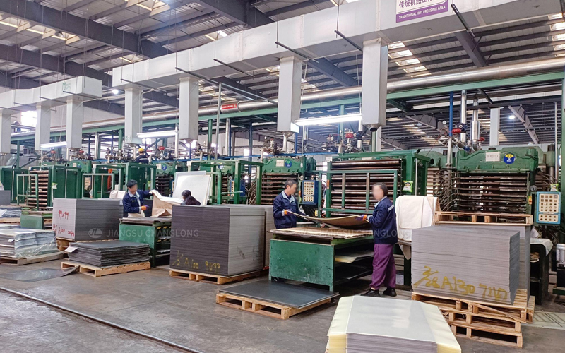 Hot pressing production line in a vinyl flooring factory