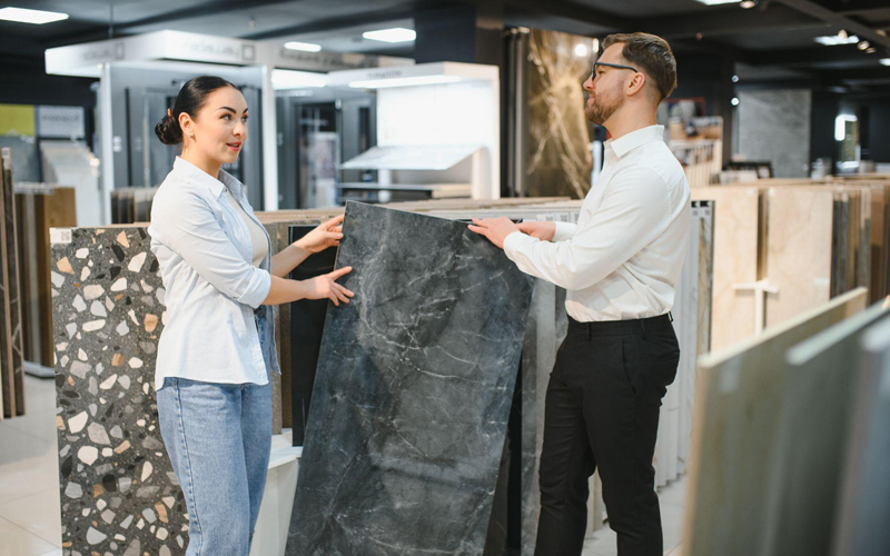 Shop assistant showing ceramic tile to woman in hardware store