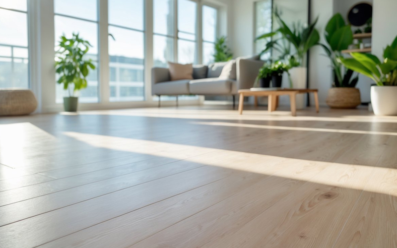A clean and bright living room with cozy wood grain flooring