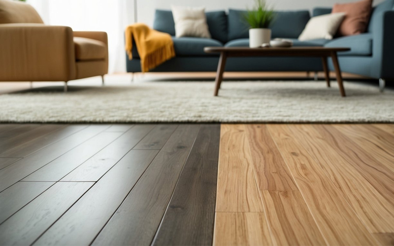 Comparison of gray luxury vinyl plank flooring and natural hardwood flooring in a modern living room.